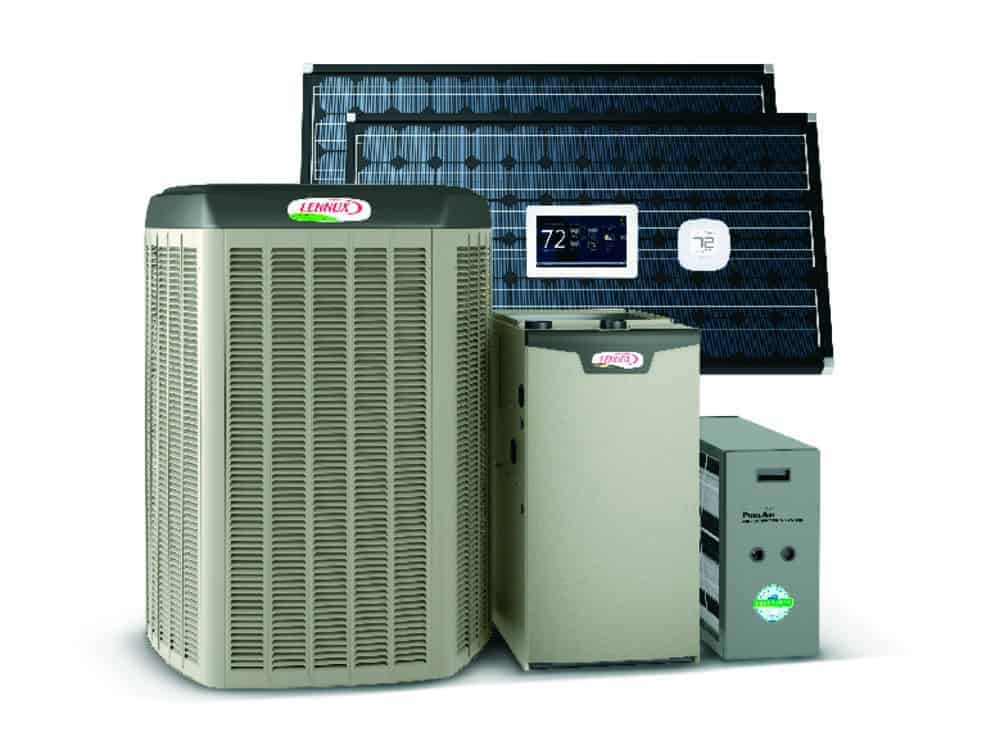 Photo of Lennox heating and cooling equipment, including an air conditioner, gas furnace, air filtration, smart thermostat and zoning system. Solar panels can be seen in the background because the entire hvac system is solar power ready.
