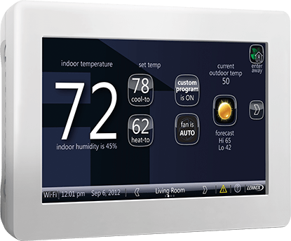 Photo of a Wifi Smart thermostat on screen that manages the automatic temperature settings. This thermostat says that the indoor temperature is 72.
