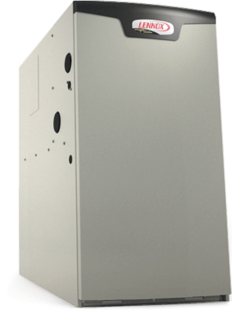 Photo of a high efficiency lennox gas furnace; it is shaped like a tall box, colored tan and branded with the lennox logo. The image also shows holes in the side, where the furnace connects to the rest of the hvac system in a home.