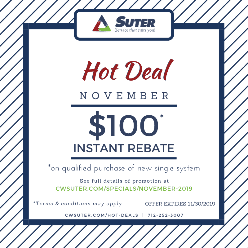 This branded graphic details the $100 rebate offer from CW Suter Services during the month of November 2019. Graphic includes blue striped border and the red words, "Hot Deal" at the top.