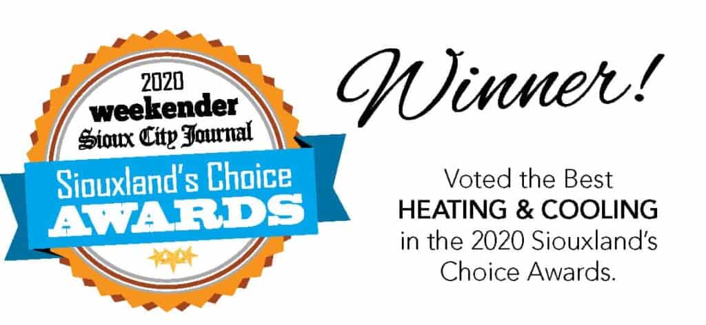 Award badge from The Weekender and Sioux City Journal's Siouxland Choice Award. Graphic says Suter was voted the best Heating and Cooling Contractor in Sioux City for the 6th year running