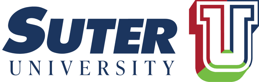 The Suter U logo has the word Suter over the word university on the left of the graphic. They are dark blue. The U has a collegiate shape and is tri colored in Suter's brand colors of red, blue, and green