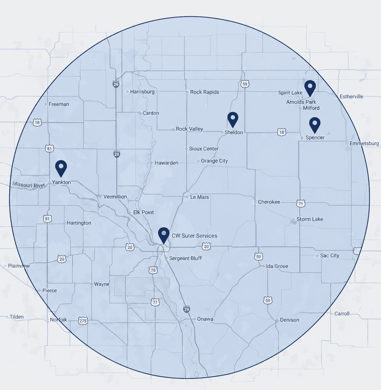 CW Suter service area map covering northwest Iowa, southeast South Dakota and northeast Nebraska, with offices in Sioux City, Sheldon, Yankton, Spencer and Spirit Lake